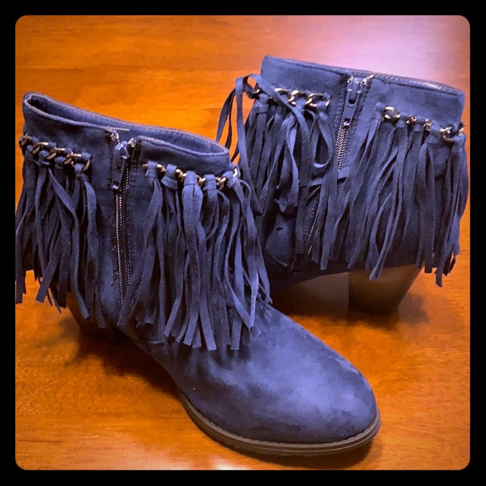 Navy Blue fringed heel booties